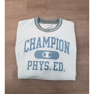 Champion Reverse Weave Sweatshirt Phys. Ed Medium Teal Blue Logo Pullover Heavy